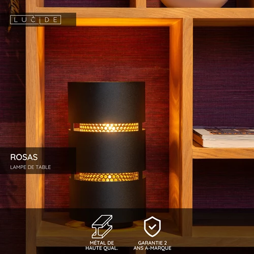 Lucide ROSAS - Lampe de table - Ø 16 cm - 1xE27 - Noir - USP
